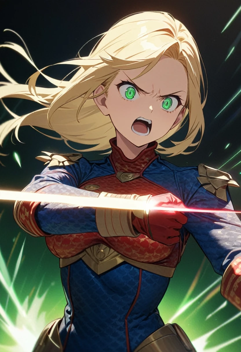 A girl,Wearing Homelander's clothes, best quality Full HD Ultra 4K Max, perfect face, blonde hair,Furious, shooting lasers from her eyes