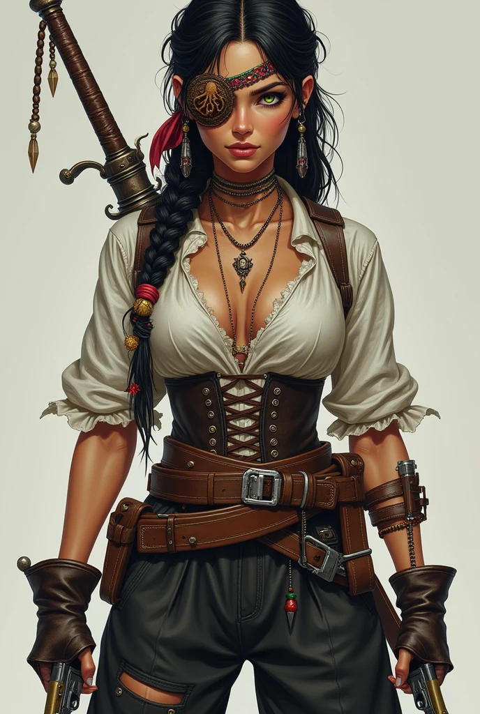 Cinematic scene, hero view, a steampunk woman wearing a corset and holding a whip in one hand and a sword in the other, ready to fight against pirates or robots, action pose, detailed background, masterpiece, best quality, high quality, absurdres, steampunk <lora:steampunk_xl_v1:1>