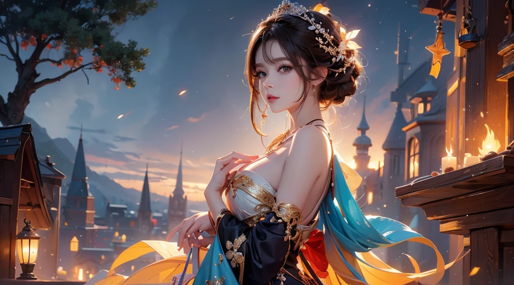 super high quality, (8k, RAW photo, realistic), unparalleled beauty princess, cute face, wearing iridescent ice carved dress, background gorgeous temple of fire, (magnificent view:1.5), detailed and delicate depiction and flashy and dynamic painting method, dark fantasy, contrast of blue, gold and red
