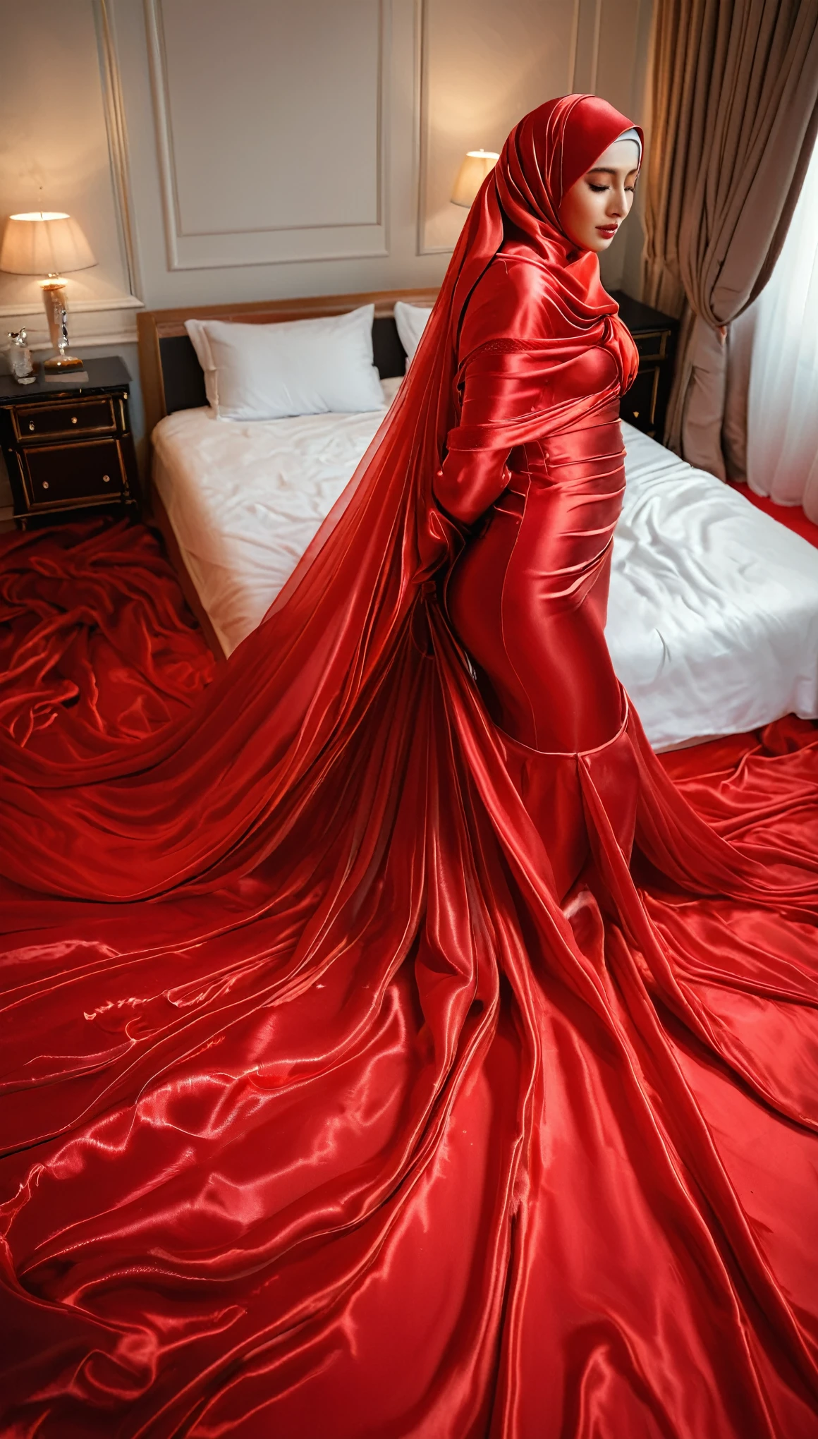 A woman shrouded in a 10-meter-long, plush red satin cloth, tightly bound and grandly draping along the form of her body, flowing off into a pooled floor-length train, styled in a mermaid-inspired outfit, her head modestly veiled in a satin hijab, tall woman, in luxury bed room, a full-body pose conveying a sense of mysterious elegance, captured in a 4k resolution, ultra-realistic