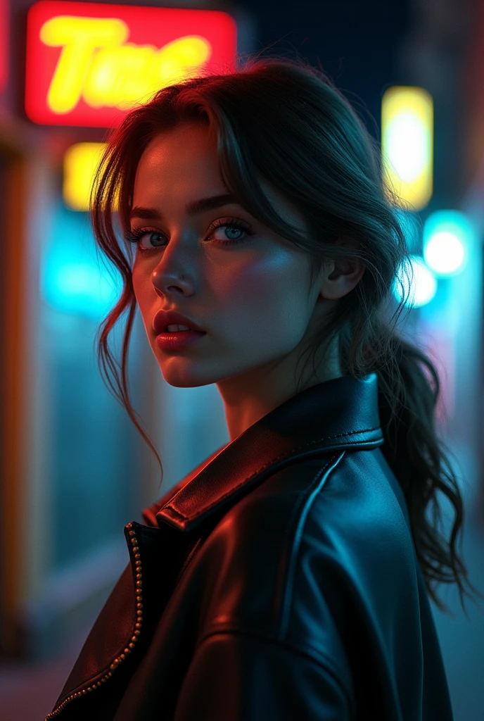 Girl with a high ponytail leather jacket