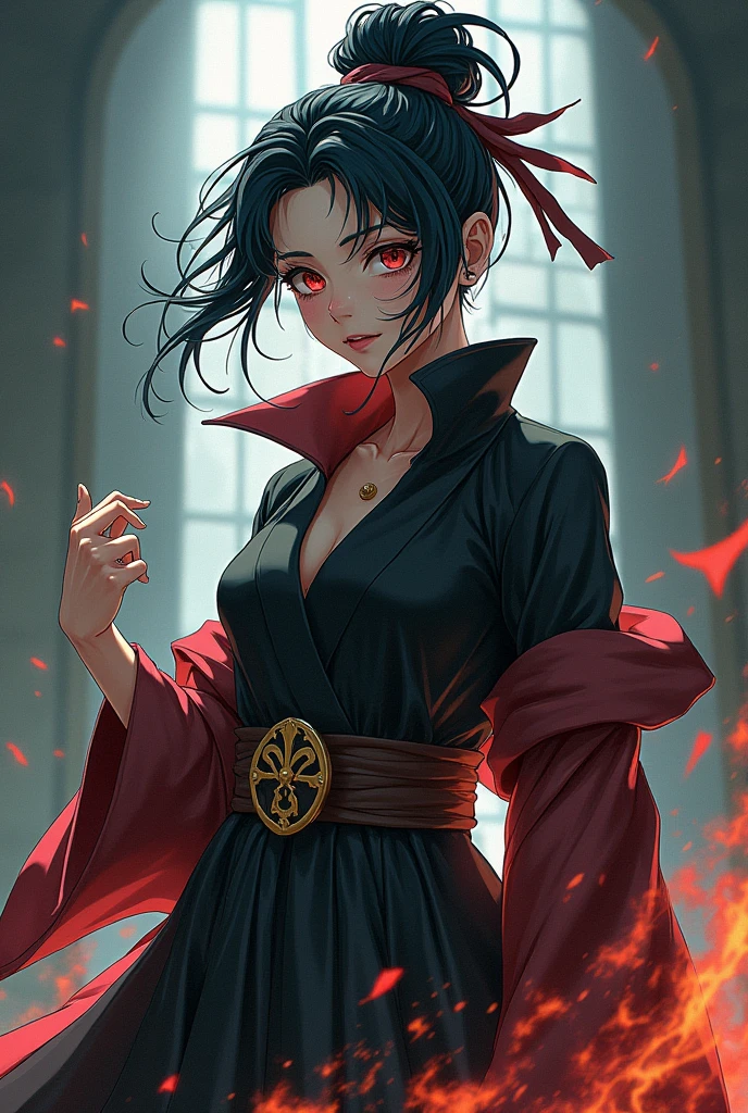<lora:ratatatat74StyleLora_ratatatat7470:0.15>, Best quality, masterpiece, 1girl, teenager, solo, bored, tired, floating kimono, wide sleeves, stare, (ultra-detailed), hair strand, hair down, light black hair,messy hair, real, raw photo, (cowboy shot),red detailed eyes, short hair, (photorealistic:1.2), winter, dim lighting, strong rim lighting, fighting pose, off shoulders,(incredibly absurdres),( cinematic lighting), burning, (dark studio), medium breasts