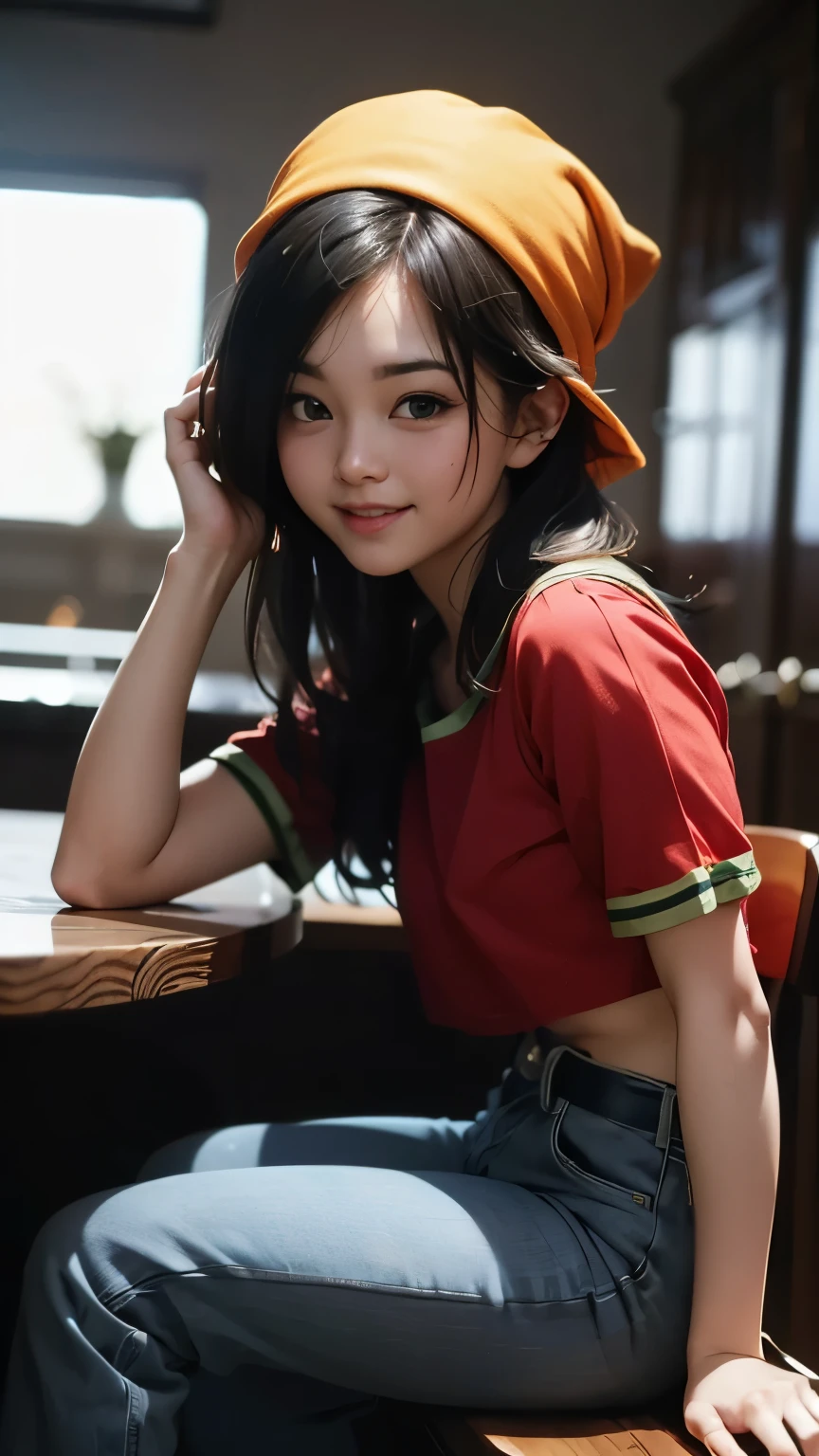 Pan, 1girl, solo, smile, red shirt, jeans, bandana, black Hair, sitting,, (acclaimed, alluring, captivating, exciting, gorgeous, striking:1.3), (trending on CGSociety, trending on pixiv, contest winner:1.3)