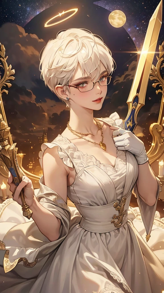 8k, masterpiece, best quality, highly detailed, 1 girl, tiefling, paladin, devil horns, pixie cut, multicolored hair, very short straight hair red highlight hair on white hair, strippled hair, wearing glasses, round glasses, earrings, red eyeshadow, long eyelashes, blushed cheek, red lips, pearl necklace, rings, collarbone, mole on face, glamorous, white and gold clothes, sleeveless, laced dress, smirk, close up view, rings, looking at viewer, solo, holding sword, sword point to the sky, starry sky, radiant gold moon, standing, golden halo, white lace gloves, heavenly scene, halo, holy palace in background.