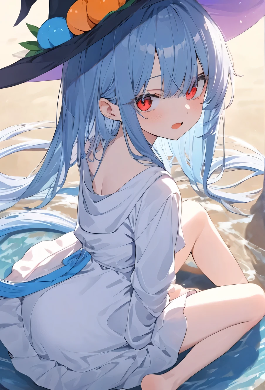 Anime, 20 years old, 1 girl,flat chest,dark skin, tan,(Jellyfish girl:1.2), red eyes, arms behind back,under the water, silver hair, very short hair, {{blue highlights in hair}},blue barrette, topless, bottomless, completely nude, spread legs, spread vaginal, spread pussy, {{{vulgarity}}}, jellyfish in pussy, open mouth, tongue out