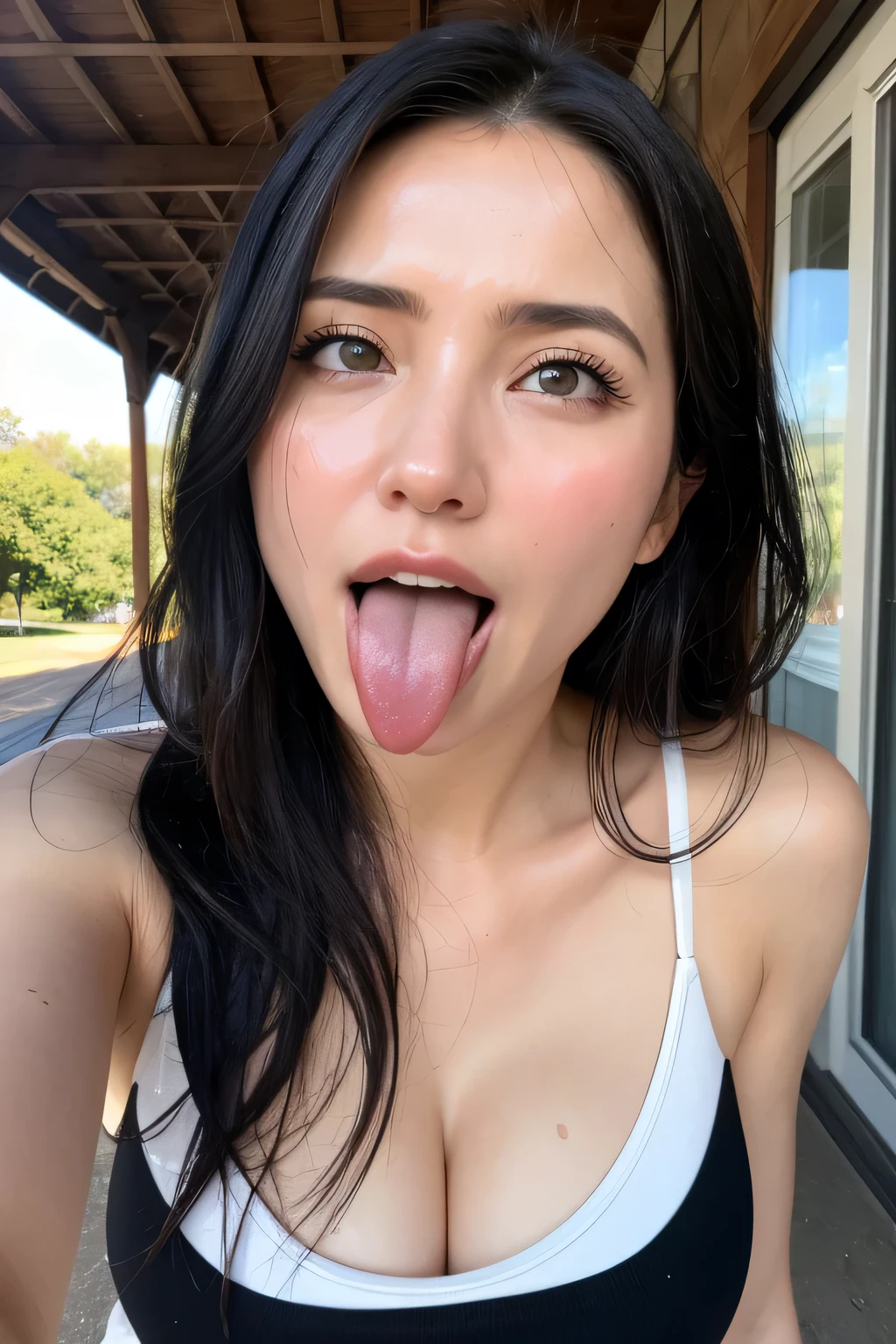 1girl,Tabletop,,Awards - Winning Photos, Very detailed, Face close-up、Keep your eyes focused, Nose and mouth,Face Focus, Woman with open mouth and closed eyes, Face Focus Close-up、Age 35,Black-haired、Symmetrical face,Realistic nostrils、Angle from below、Elongated C-shaped nostrils、Sweaty skin、Sweaty, Lighting that highlights shiny skin、((Sharp Nose))Sweaty, shiny skin、Shiny skin、Big Eyes、Double eyelids、(My tongue is wet and shiny) ((Wet tongue)) ((Berokisu))garden,In front of the entrance to the public restrooms in the park,Cameron Diaz,Hyperrealistic,Real Skin