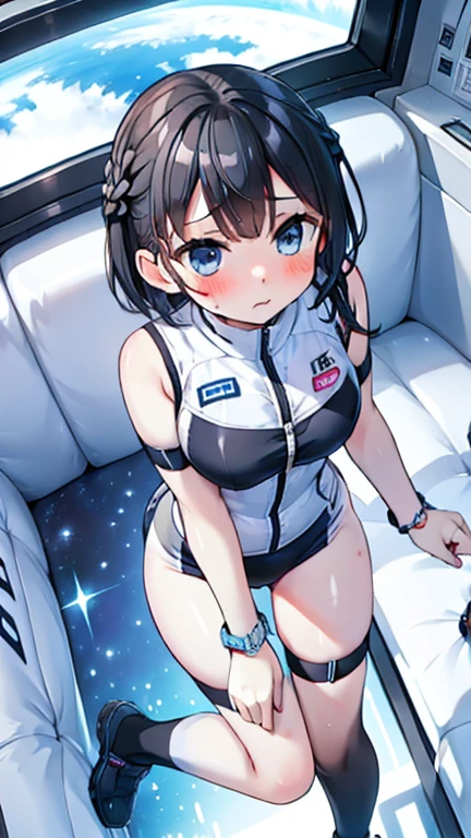 (Best Quality), (masterpiece), 1080P, High resolution, 4K, 8k, Inside the space station、Futuristic room、Thigh straps, Shooting from directly below, The woman on top of me, 白いsweat, Covered , sweat, Woman looking down, Skirt swimsuit, Thigh-high socks, To achieve this, , , whole body, Black leather shoes, Braided Hair, Inner Color, Embarrassed face, Short black hair, bracelet, bedroom,celestial body_vest
