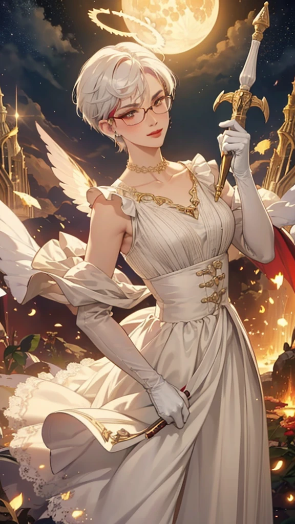 8k, masterpiece, best quality, highly detailed, 1 girl, tiefling, paladin, devil horns, pixie cut, multicolored hair, very short straight hair red highlight hair on white hair, strippled hair, wearing glasses, round glasses, earrings, red eyeshadow, long eyelashes, blushed cheek, red lips, pearl necklace, rings, collarbone, mole on face, glamorous, white and gold clothes, sleeveless, laced dress, smirk, close up view, rings, looking at viewer, solo, holding sword, sword point to the sky, starry sky, radiant gold moon, standing, golden halo, white lace gloves, heavenly scene, halo, holy palace in background.