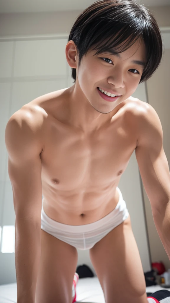 Japanese 1 Boy, White panties, White soccer socks, Push your ass up, Sweating,naked, White and soft skin, Shortness of breath, Torogao, Red nose, Black Hair, Attention to detail, Textured skin, high quality, 最high quality, High resolution, hyper HD, masterpiece,smile, Blushing, Sticking out tongue, saliva, happiness/joy, Deformed cheek blush, Drooling, Heavy breathing, saliva糸引き, saliva