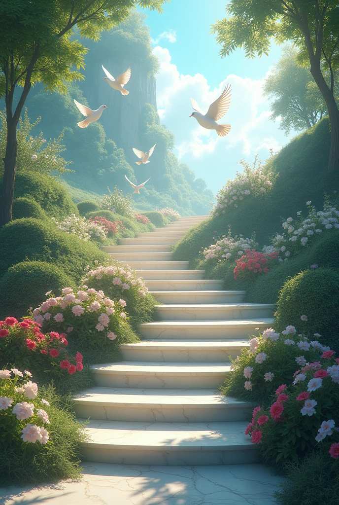 Stairway to heaven background with flowers and doves