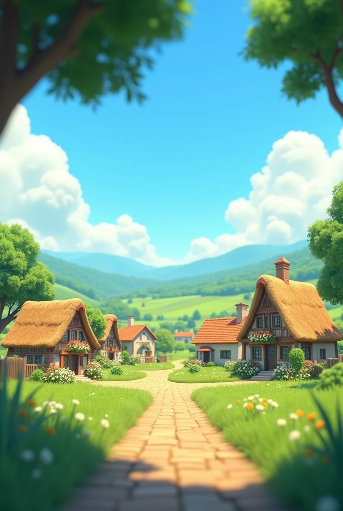 In cinematic 3d cartoon style **Village Life**: A picturesque rural village scene with modest homes, lush green fields, and a clear sky. The village should appear simple and serene, reflecting the traditional lifestyle of the residents.