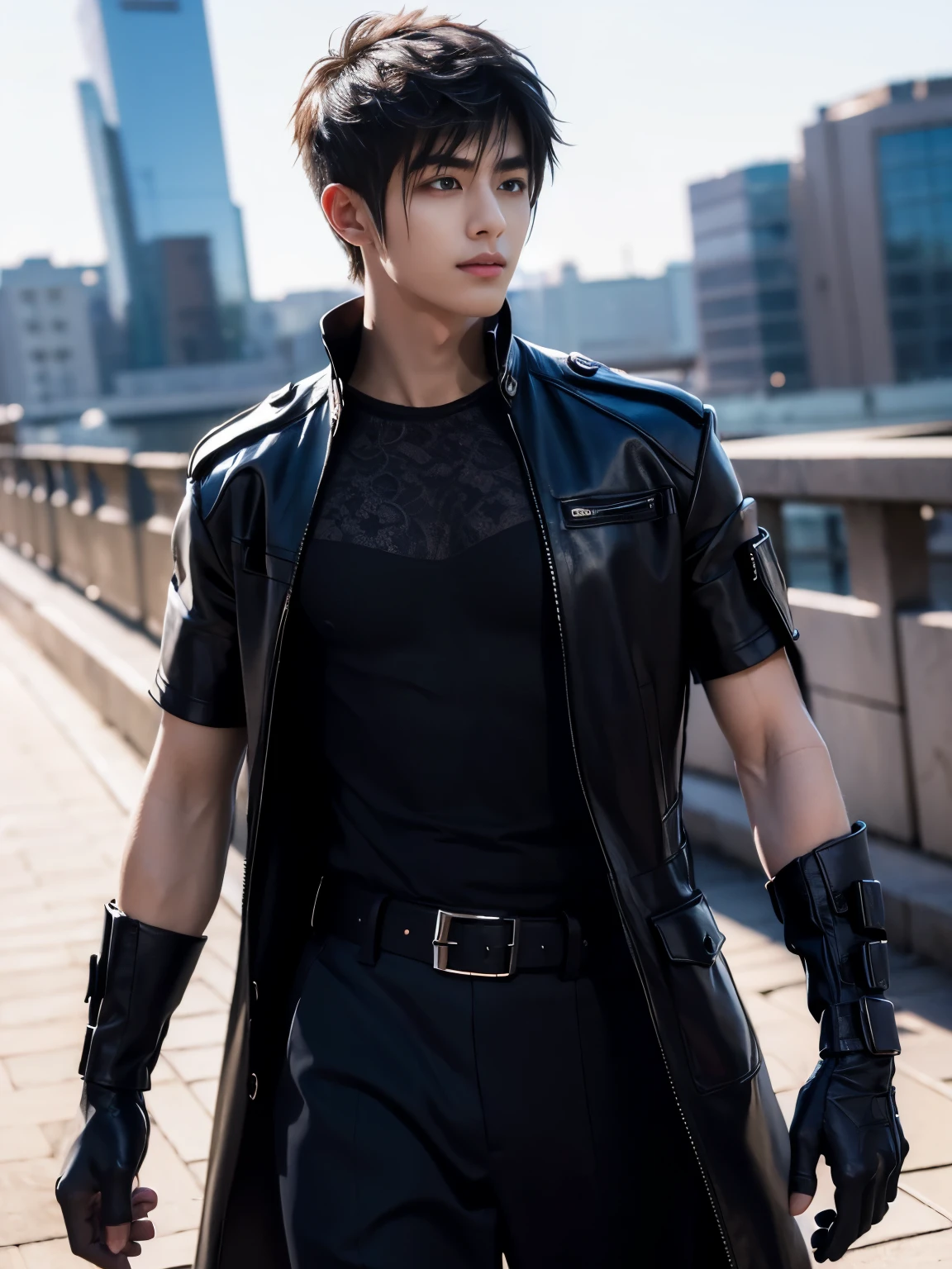 (masterpiece, realistic, absurdres:1.2), (photorealistic:1.5), RAW photo, high resolution, best quality, 8K,1boy, Noctis, ulzzang boy, chinese boy, very handsome, perfect face, intricate detail, Extremely detailed, professional photography, Bright colors, Clear focus, perfect hair, young man, (black see through shirt:1.2), muscular, slim muscular, (perfect hands, 5 fingers) , clear and beautiful detailed eyes, perfect eyes, Playful expression, abs, soft skin, detailed skin, detailed highlights and shadows, Excellent body proportions, Correct anatomy, looking at camera, male focus, black jacket, fingerless gloves, belt, black pants, boots, gentlesunlight, Cinematic Lighting, Warm colors, full-body shot, ornate futuristic castle background,