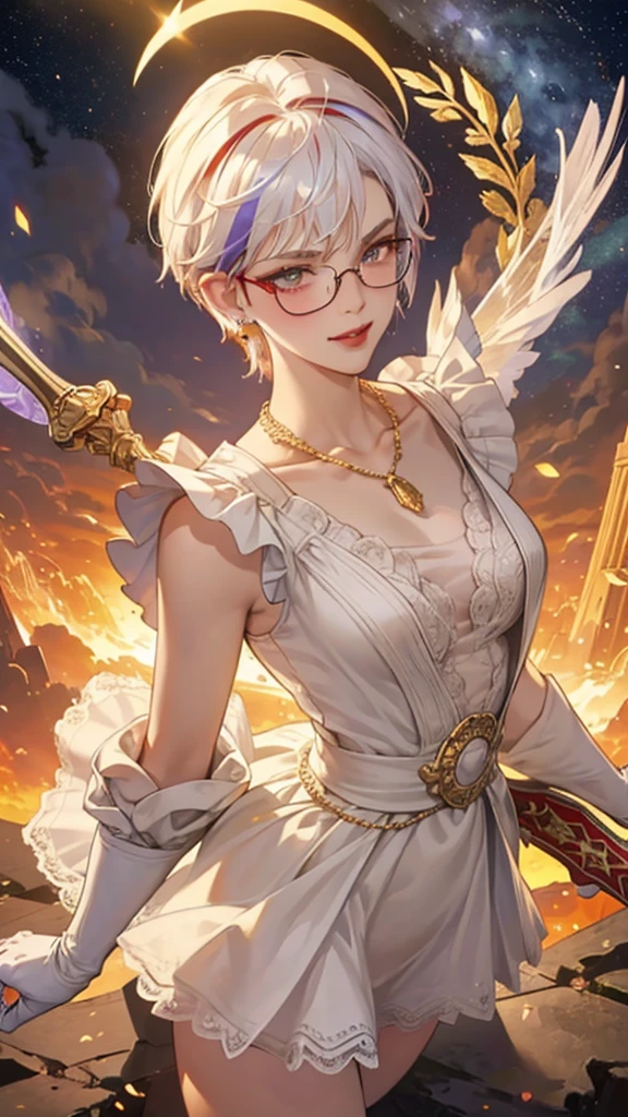 8k, masterpiece, best quality, highly detailed, 1 girl, tiefling, paladin, devil horns, pixie cut, multicolored hair, very short straight hair red highlight hair on white hair, strippled hair, wearing glasses, round glasses, earrings, red eyeshadow, long eyelashes, blushed cheek, red lips, pearl necklace, rings, collarbone, mole on face, glamorous, white and gold clothes, sleeveless, laced dress, miniskirt, smirk, close up view, rings, looking at viewer, solo, holding sword, sword point to the sky, starry sky, radiant gold moon, standing, golden halo, white lace gloves, heavenly scene, halo, holy palace in background.