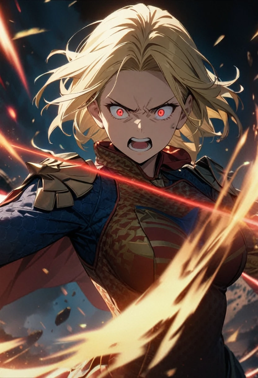 A girl,Wearing Homelander's clothes, best quality Full HD Ultra 4K Max, perfect face, blonde hair,Furious,Eyes shooting red lasers