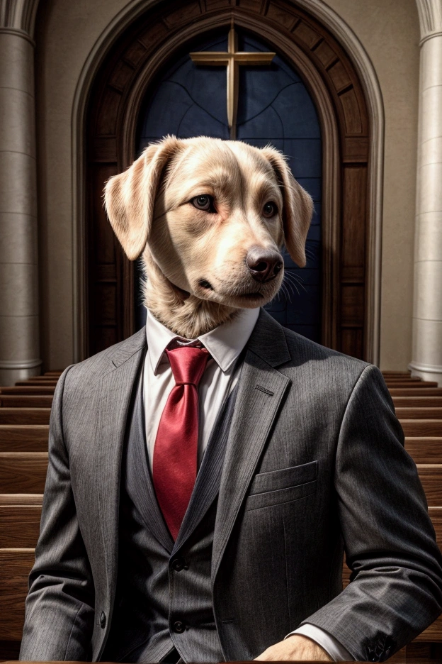 Doberman wearing a suit and tie sitting on a church pew watching the service with other people