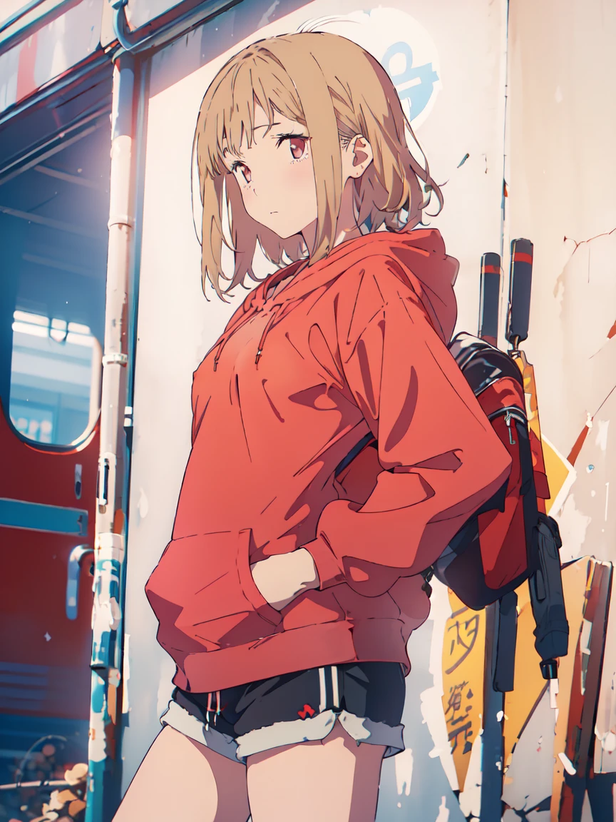 ((Best Quality)), ((masterpiece)), (be familiar with),Akane Sawatari,((Small breasts)),Pointy nipples,Uterus tattoo, Red hoodie,Shorts
