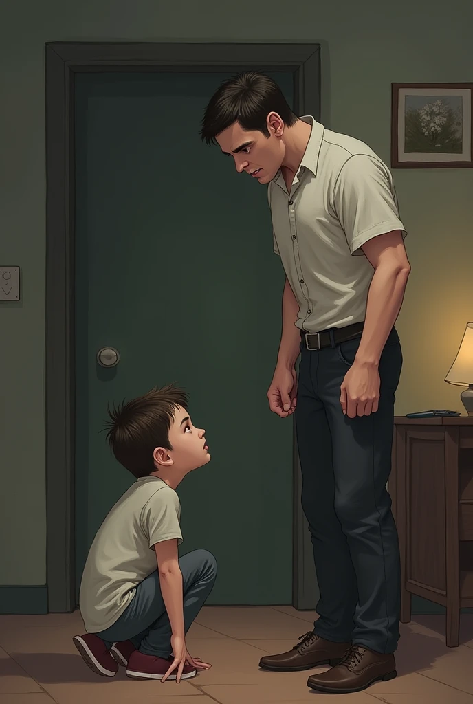 A man wearing a black t shirt, dragging a boy by the arm, while the boy holding on to his bed, on a top perspective view
