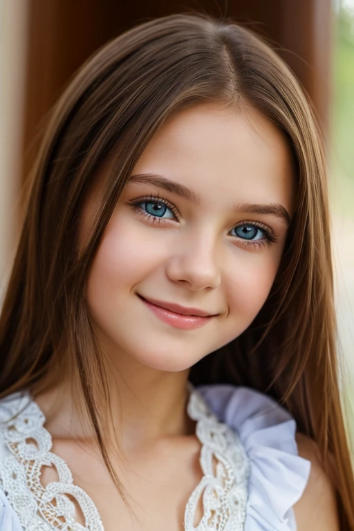 ((Haute résolution)), ((peau pâle)), taches de rousseur, brunette ((11 ans)) fille, aux yeux bleus, joues rougissantes, cheveux ondulés, souriant, Gros seins, tétons qui pointent. 