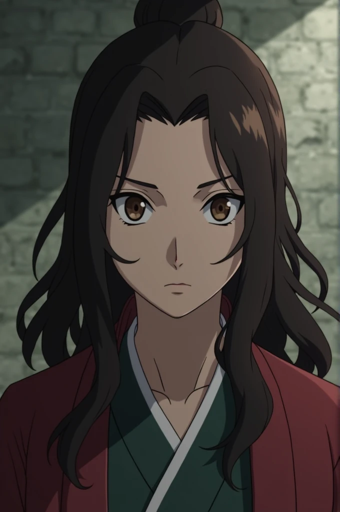 Naruto Shippuden screenshot of a woman with long, dark brown wavy hair, white skin color, brown eyes, and a square-shaped face. Wears male-style Ushiha Clan clothing. Pierrot Studios naruto shippuden screenshot