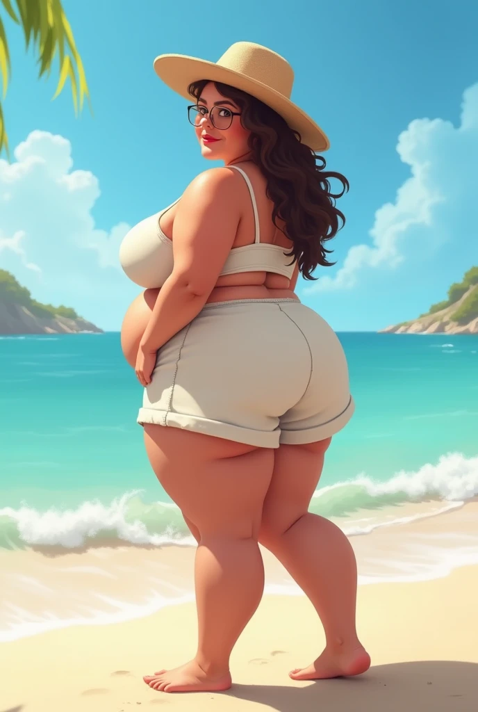 "Create a pencil line drawing cartoon colorful of a plus-sized woman wearing a sexy bikini, standing with her back turned in a bustling sea. The scene should include many people walking around."