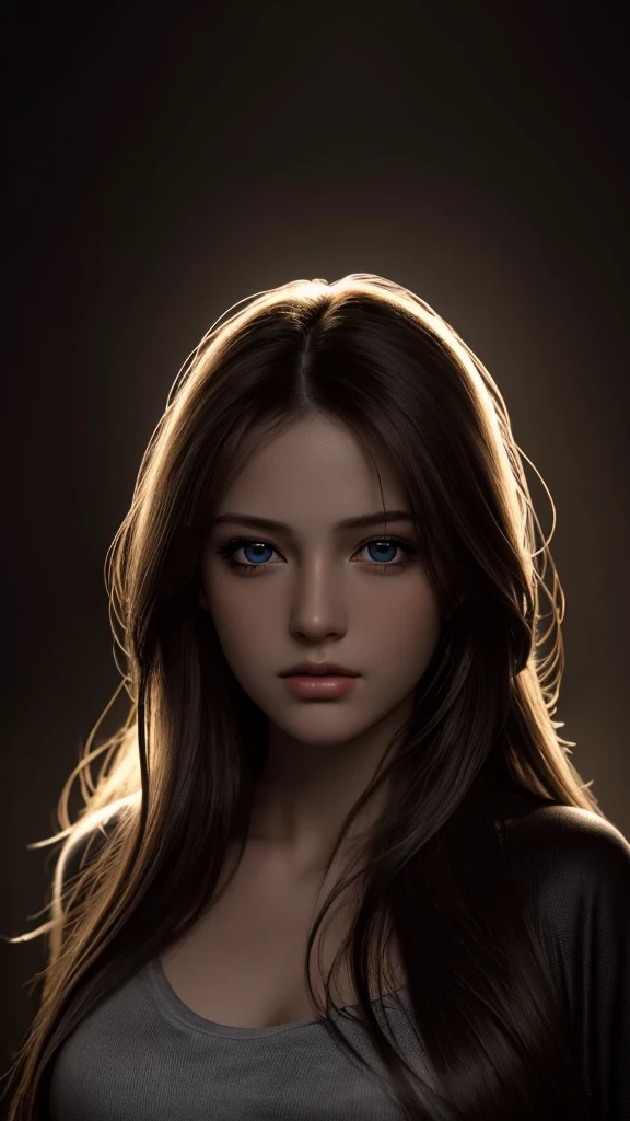 Best quality, masterpiece, ultra high res, (photorealistic:1.37), raw photo, 1girl, long hair, beautifull eyes, beautifull face, detailed eyes and face, t-shirt, dynamic lighting, in the dark, deep shadow, low key, cowboy shot