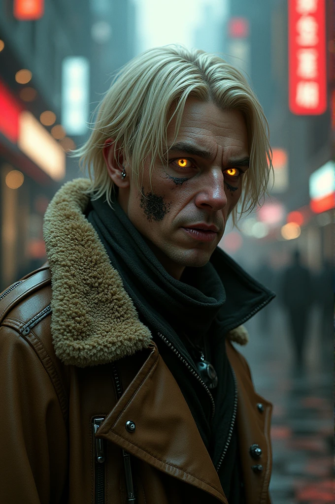 Task ID:48193229307973 Nordic man standing in the street with undercut haircut and yellow leather jacket and hair, Portrait of a Bloody Hunter , Badass anime 8k