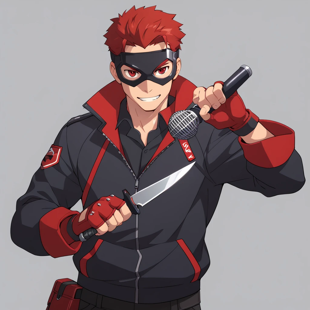 score_9, score_8_up, score_7_up, rating_explicit, source_anime, hank, solo, red eyes, gloves, 1boy, holding, male focus, fingerless gloves, mask, knife, goggles, holding knife, microphone, holding microphone, red microphone