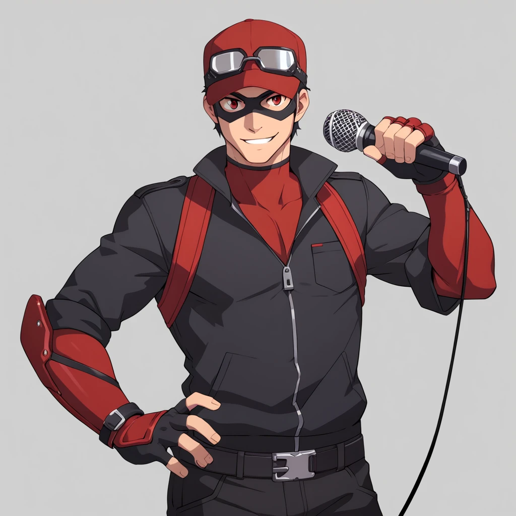 score_9, score_8_up, score_7_up, rating_explicit, source_anime, hank, solo, red eyes, gloves, 1boy, holding, male focus, fingerless gloves, mask, knife, goggles, holding knife, microphone, holding microphone, red microphone