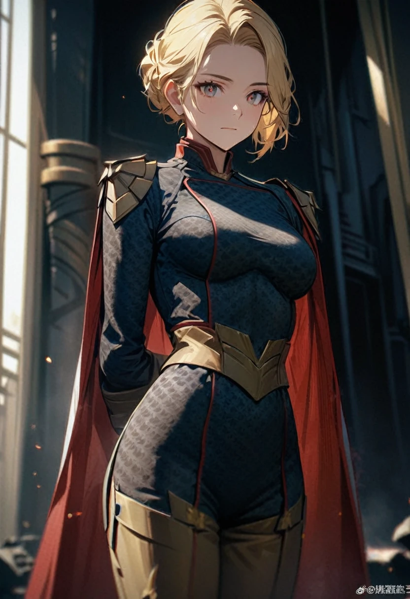 A girl,Wearing Homelander's clothes, best quality Full HD Ultra 4K Max, perfect face, blonde hair,Eyes shooting red lasersq,standing with arms behind your back