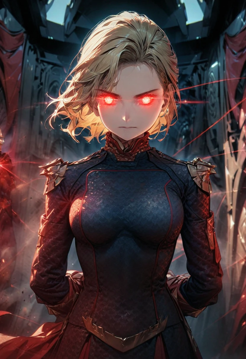 A girl,Wearing Homelander's clothes, best quality Full HD Ultra 4K Max, perfect face, blonde hair,Eyes shooting red lasers,standing with arms behind your back