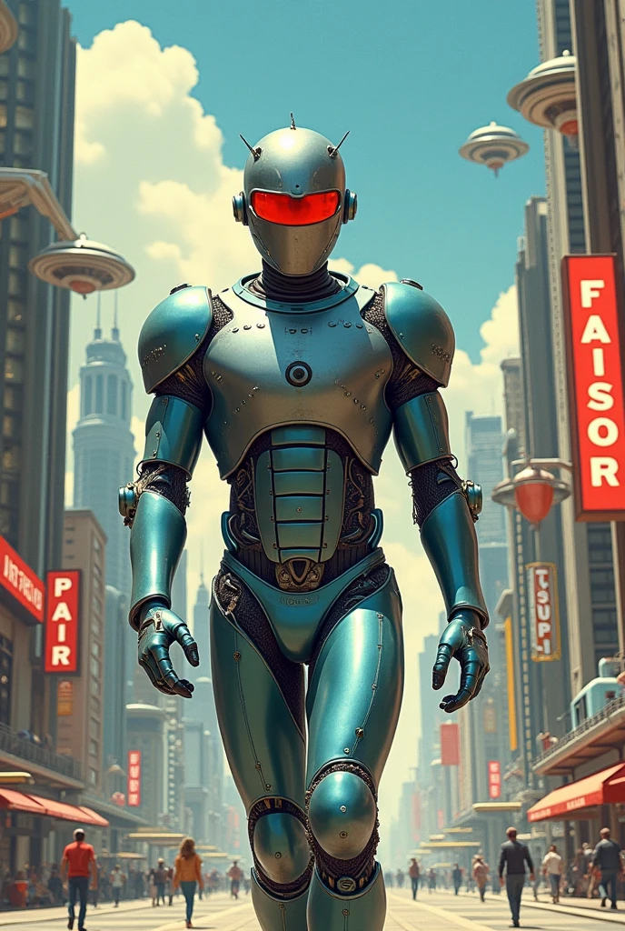 in a retro scifi style illustrate a man in a shiny robot sui, grey over blue, wearing a knight helmet with a narrow red visor. inspired by the flash gordon adventure serials of the 1930s. show him patrolling a futuristic looking city