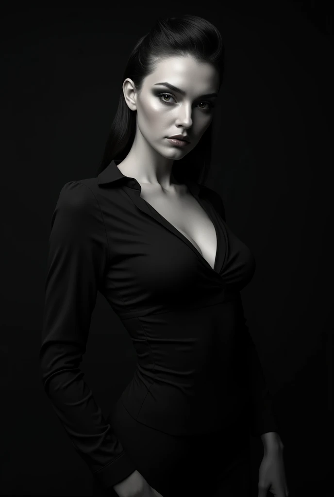 a woman named meg has sharp angular cheekbones, full lips, and a slightly upturned nose. Her eyes are brown large and almond-shaped with a prominent crease, she has dark brown hair styled in loose waves, framing her face and reaching down to her shoulders,((suggestively pose)),full body, captivating, open short shirt, no bra, exposed , freckles, hyperdetailed photorealistic, spot lighting, photorealism, rim light (high contrast), Sharp focus