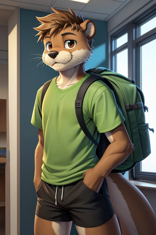 Character design, hi-res, good graphics, great anatomy, anatomically correct, detailed body, anime, cartoon-ish. Evan (male, , otter(anthro/furry), wearing a green t-shirt and black shorts student wearing a backpack inside of a college building )