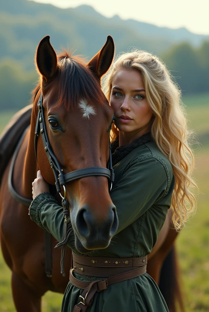 (Best quality, 8k, Ultra detailed, Golden ratio, Masterpiece :1.2), Theatrical lighting:0.7, Photo of a woman, beautiful woman, hyper realistic, 1girl, face of elsa hosk, very detailed eyes and face, beautiful detailed eyes, (big breasts, attractive body:1.2), ((blond hair, long hair, smiling, blue eyes), (wavy hair:1.2)), ((Full Horse riding outfit)), outdoors, on a horse, summer in icelandic countryside