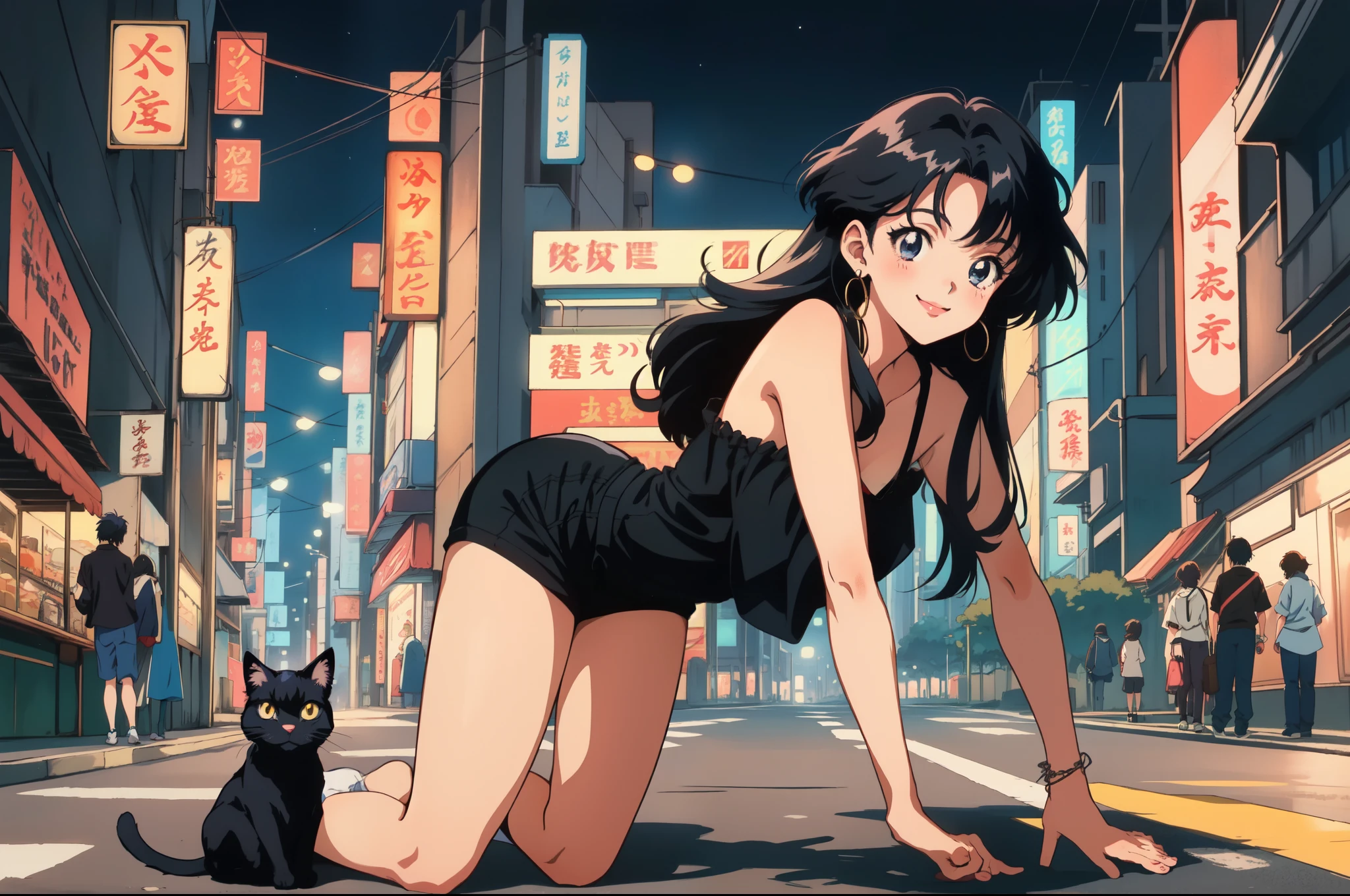 1 Retro anime pretty girl, Anime atmosphere of the 80s, 80s anime style, Retro Anime Girls, 1980's anime style, Retro anime images, Anime atmosphere, chill, sexy eyes , smile, black cat, folk car, blur tokyo city with peaples background, night time