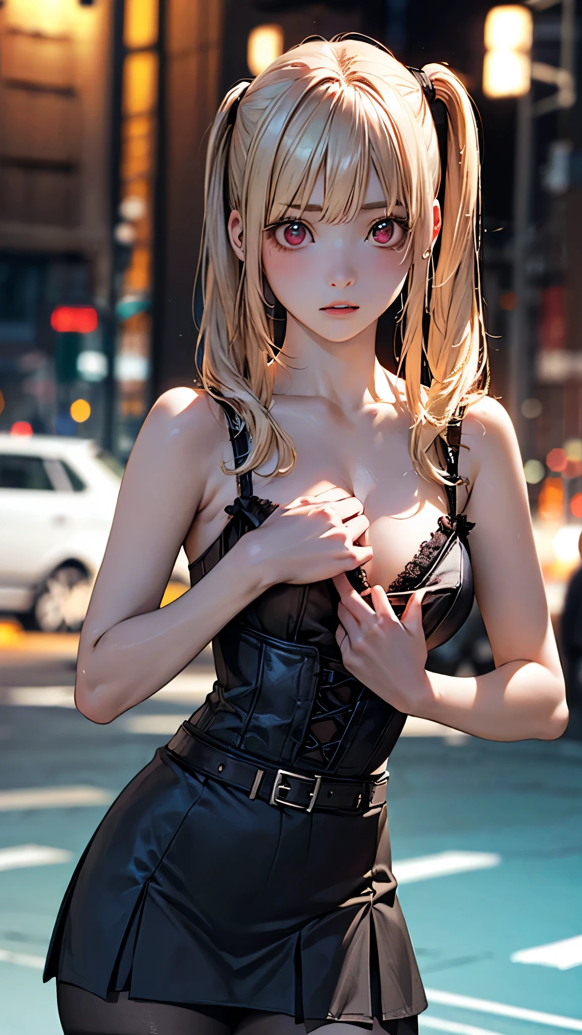 (masterpiece:1.2, top-quality), (realistic, photorealistic:1.4), beautiful illustration, (natural side lighting, dynamic lighting), depth of fields, nsfw, 
beautiful detailed hair, beautiful detailed face, beautiful detailed eyes, beautiful clavicle, beautiful body, beautiful chest, beautiful thigh, beautiful legs, shiny skin, pink skin, 
looking away, 1 girl, misa amane, (perfect anatomy, anatomically correct, super detailed skin), cute and symmetrical face, perfect face, perfect eyes, perfect body, babyface, 
(long hair, twin tails, sidelocks, ash blonde hair), bangs, red eyes, big eyes, long eyelashes, (medium breasts, seductive thighs), glamorous body, outstanding style, 
(detailed cloth texture), break (skirt, pantyhose, sleeveless, belt, cross, frilled skirt, gothic), (sexy, erotic, she is dressed in soft translucent fabric clothes, more than half of her body is naked, clothes emphasize her sexuality, black corset, black lingerie, black skirt), 
(beautiful scenery), night, neon colors, (neon city:1.2), (bent down, lifting her ass to the top), (expressionless, parted lips), 