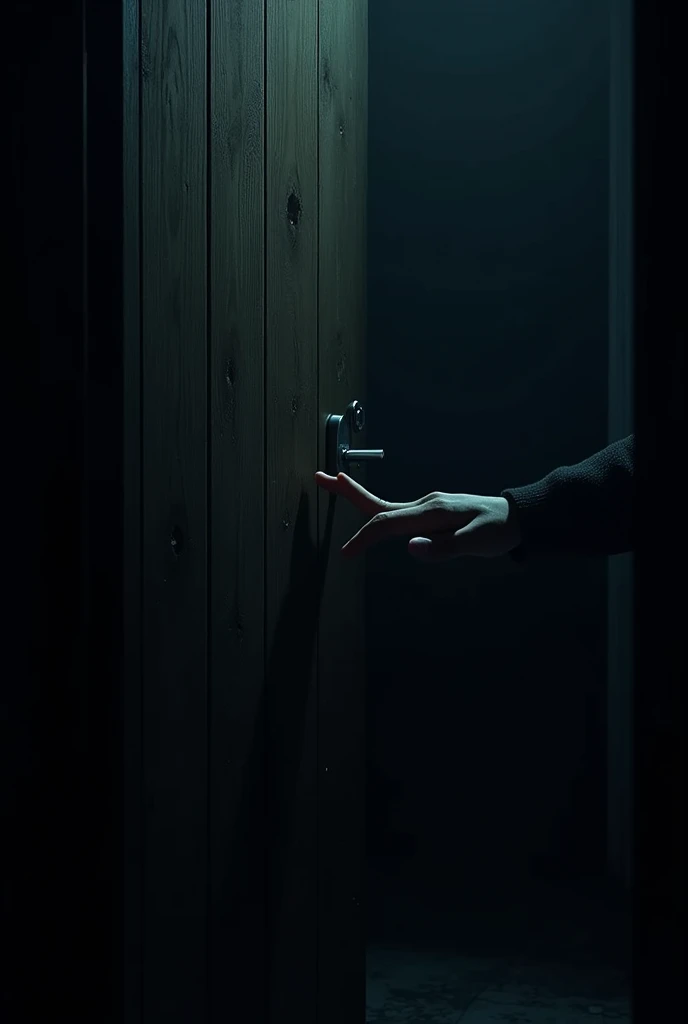 A big door in an ancient design, were a man's hand is shown half, terrified and creepy.