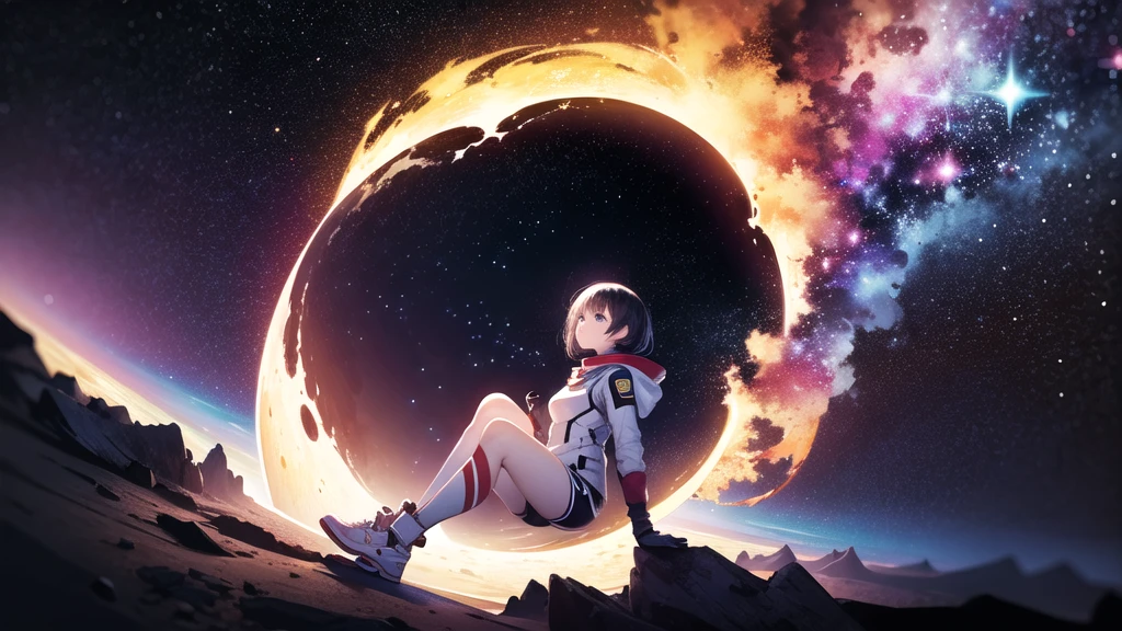 Evangelion　Ikari Shinji　Floating in the Red Sea　solo, Night view　Big Moon　high resolution　Highest quality　


