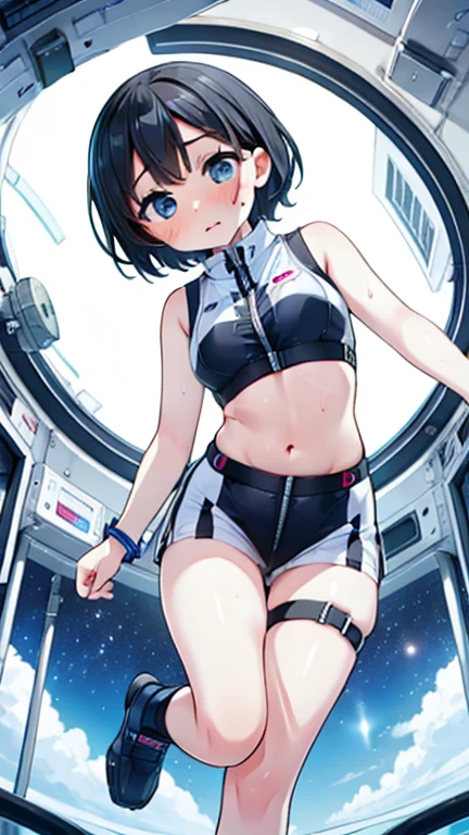 (Best Quality), (masterpiece), 1080P, High resolution, 4K, 8k, Inside the space station、Futuristic room、Thigh straps, Shooting from directly below, The woman on top of me, 白いsweat, Covered , sweat, Woman looking down, Skirt swimsuit, Thigh-high socks, To achieve this, , , whole body, Black leather shoes, Braided Hair, Inner Color, Embarrassed face, Short black hair, bracelet, bedroom,celestial body_vest
