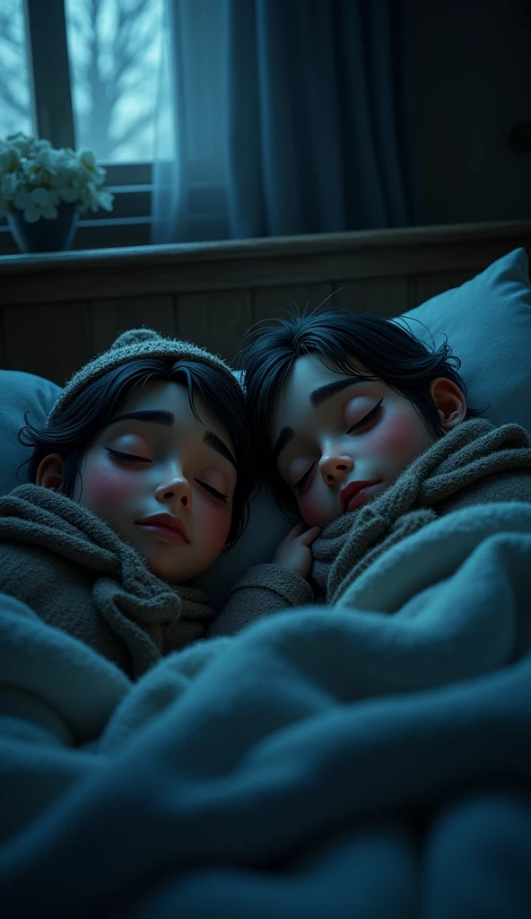 Year: ((1988)). Location: Northern Spain. Pre-raphaelite 13-year-old girl and 11-year-old boy, christmas morning, sibling love, pyjammas, hug, ((("OMITB" cinematography))), ((Wes Anderson style))
