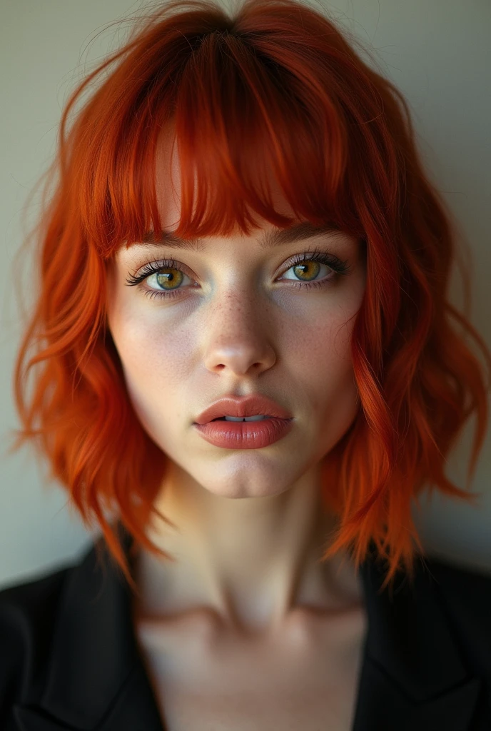 realistic,(best quality, masterpiece),(ultra detailed),(high detail RAW color photo) of a beautiful elegant ((mega breasted)) ginger woman,(wavy bob-cut hair),(necklace and earrings),(open clothes with ((deep neckline))),(detailed cute face and neon glowing eyes),(full glossy lips,the mouth slightly open),(looking at camera),(frontal centered symmetrical composition),(perfect professional lighting),8K,HDR,UHD Professional photography,