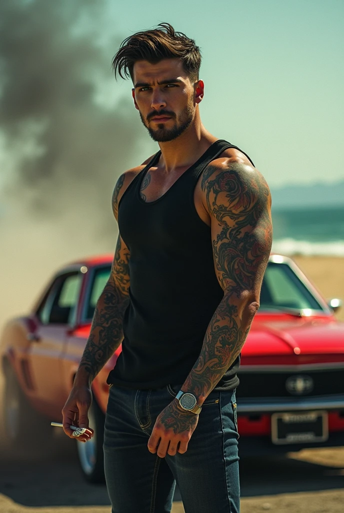A man with tattooed hands and a Ferrari f40 car beside him