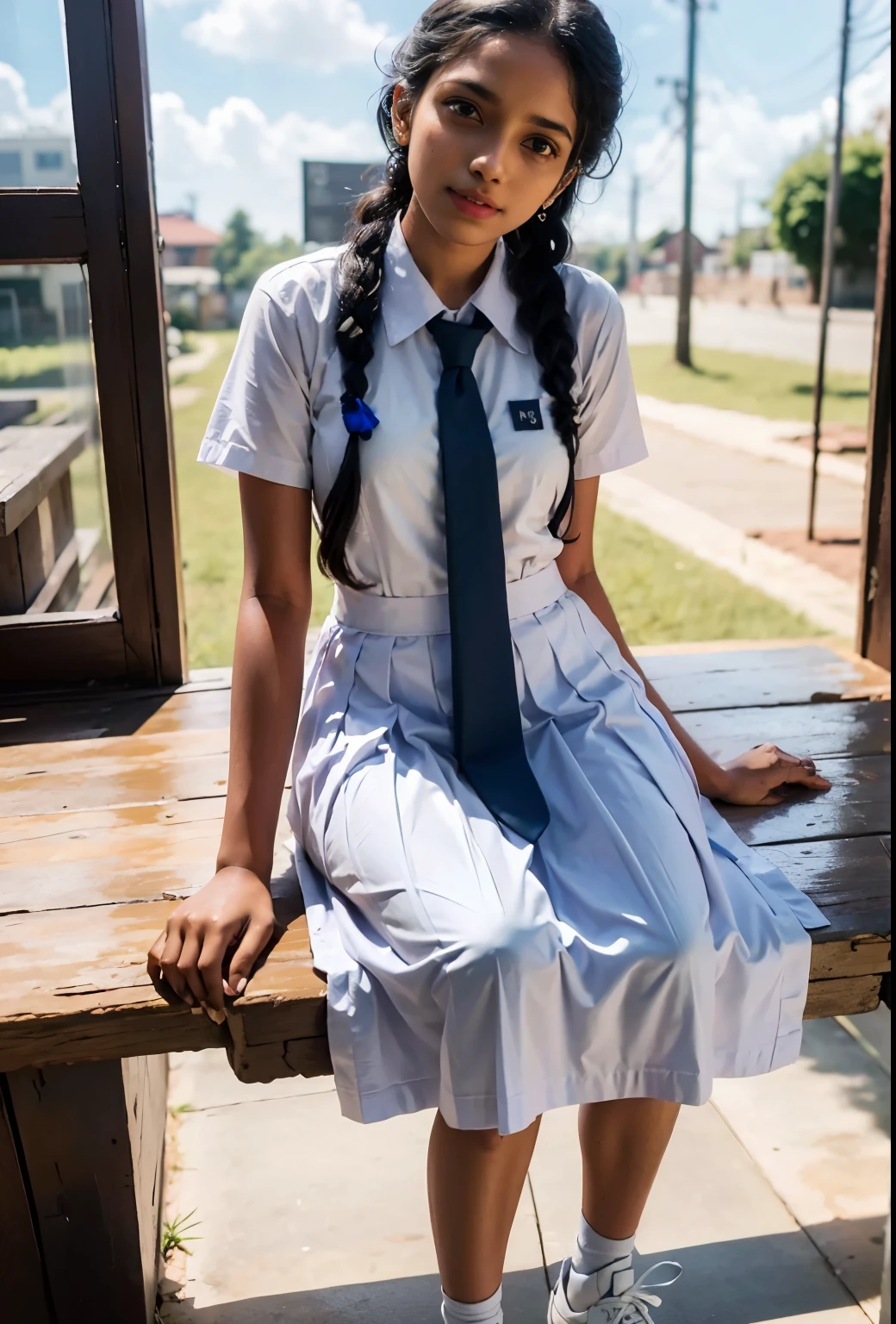 Raw photo , 1 girl  ,Wearing white frock and color tie, sneakers ,sri lanka teen school girl, with plait , professional photographer, (hdr:1.4), masterpiece, ultra-realistic 8k, perfect artwork, intrincate details, cute face, award winning photograph, (Best quality, 8k, 32k, Masterpiece, UHD:1.3) ,