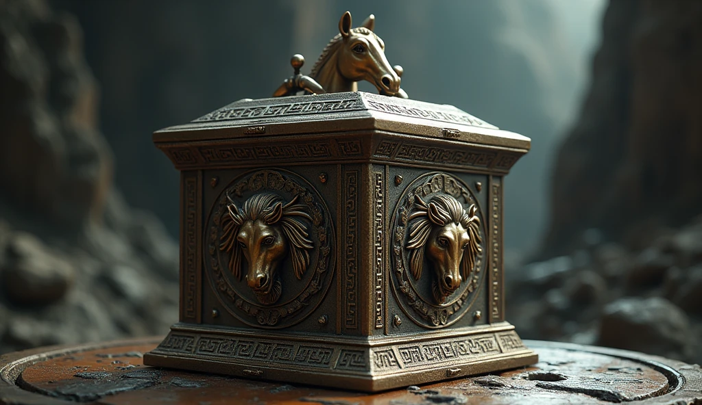 Pegasus Armor Pandora's Box. A large urn, square and metallic, with the head of a Mythological Horse carved