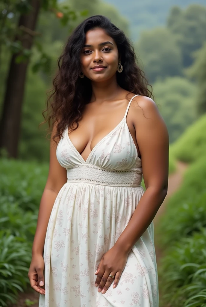 young british indian girl, busty in short white cotton see through summer dress, braless, nipples poking, barefoot