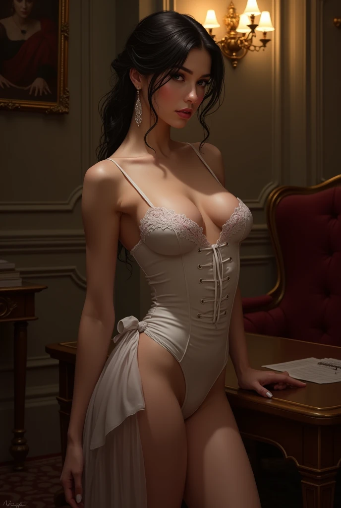 (Masterpiece - Ultra-Detailed, High Resolution) Prepare to be enchanted by a true masterpiece that combines ultra-detailed art with high-resolution rendering. This work shows a mesmerizing woman, with very long, black hair, 1950s style, Marilyn Monroe (1.3) and captivating (brown eyes) (1.2),(brown eyes) New York illustration style, wearing red lipstick, emanating an aura of elegance and mystery. Wearing victorian classic 1950s clothing. sexy. Intricate details and realistic textures invite you to explore every aspect of this enchanting composition. Transparent white dress. reading, writing, lying, standing, on your back, dynamic poses. Get ready to dive into a world where beauty and craftsmanship merge perfectly. Upper body.