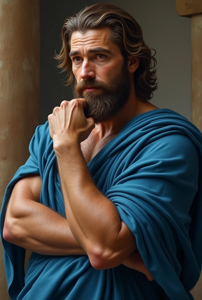 Catholic baroque image of St. John the Baptist, he is a 40-year-old man, skinny man. He has one of his fingers pointing to the sky. He is dressed in a camel skin tunic with his body a little showing, he is holding a staff, his hair is unkempt, he has a big beard. He has a wild appearance but has a serious and quiet look