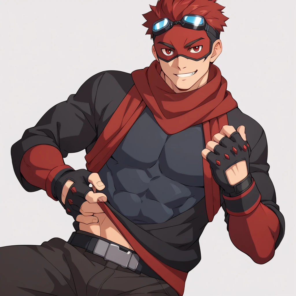 score_9, score_8_up, score_7_up, rating_explicit, source_anime, hank, solo, red eyes, gloves, 1boy, male focus, fingerless gloves, mask, goggle, sexy pose