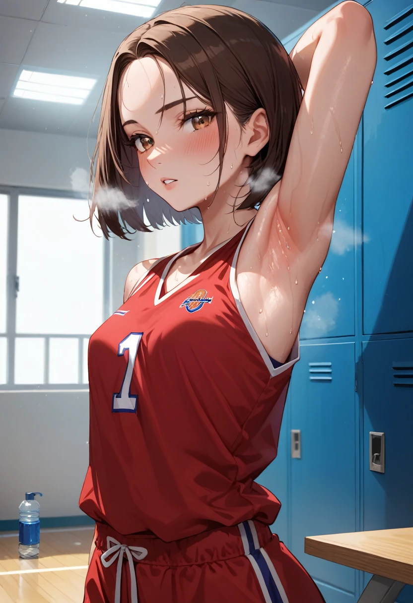 score_9, score_8_up, score_7_up, rating_safe, masterpiece, best quality, very aesthetic, absurdres, 1woman, solo, brown hair, One Curl Bob Cut, center parted bangs, forehead,brown eyes, blush,  basketball red uniform, small breasts, armpits,sweat, very sweaty, sweaty armpit, breath, steaming body, gleaming skin, armpit forcus, indoors, locker room, white wall, white floor, whiteboard, standing, water bottle, faint light,