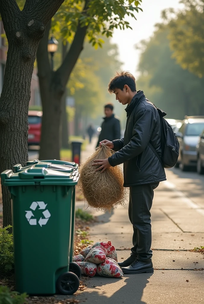 Urban streets at night, rain pouring down. We see a young boy, dirty and alone, scavenging for food in dumpsters..Make it cin